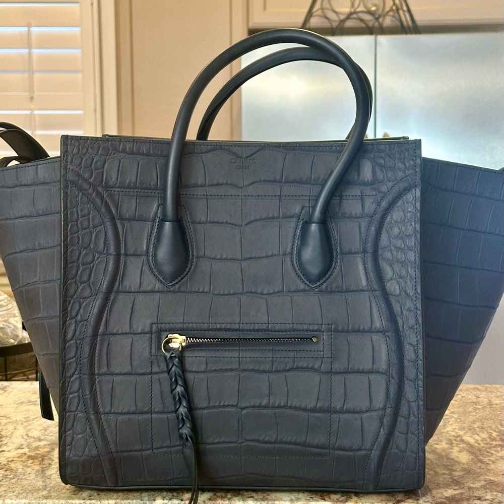 Celine Phantom Luggage Medium Croc-Embossed Tote Bag (Dark Navy)